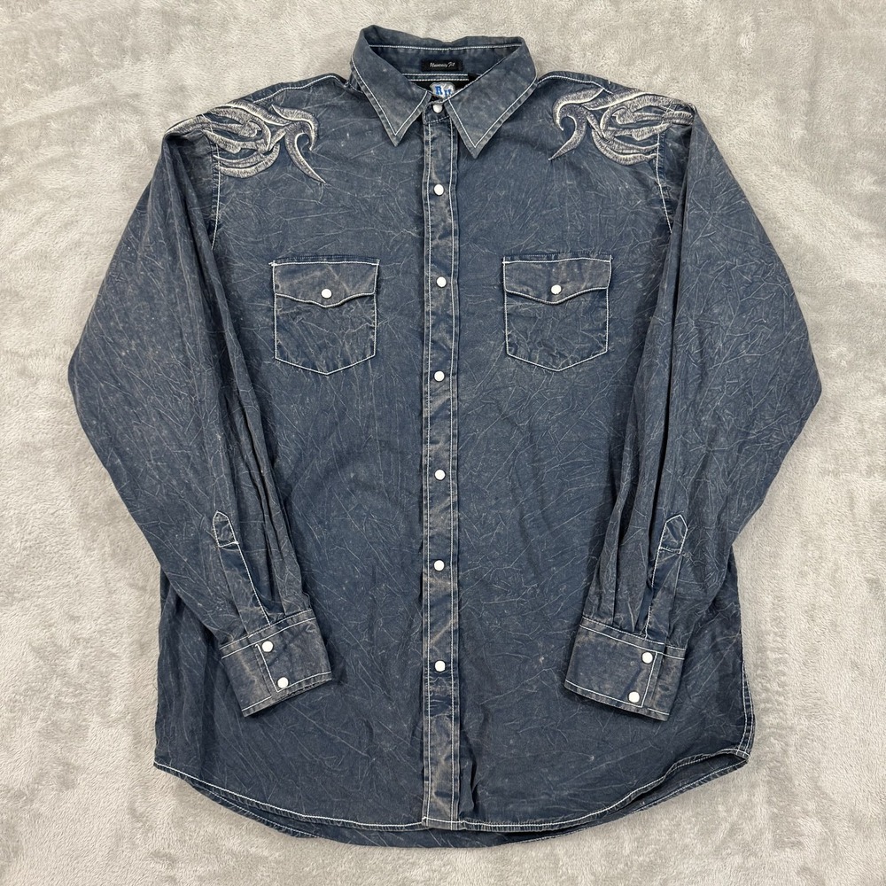 Resistol University Shirt‎ Mens XXL Blue Western Pearl Snap Cowboy Embroidered